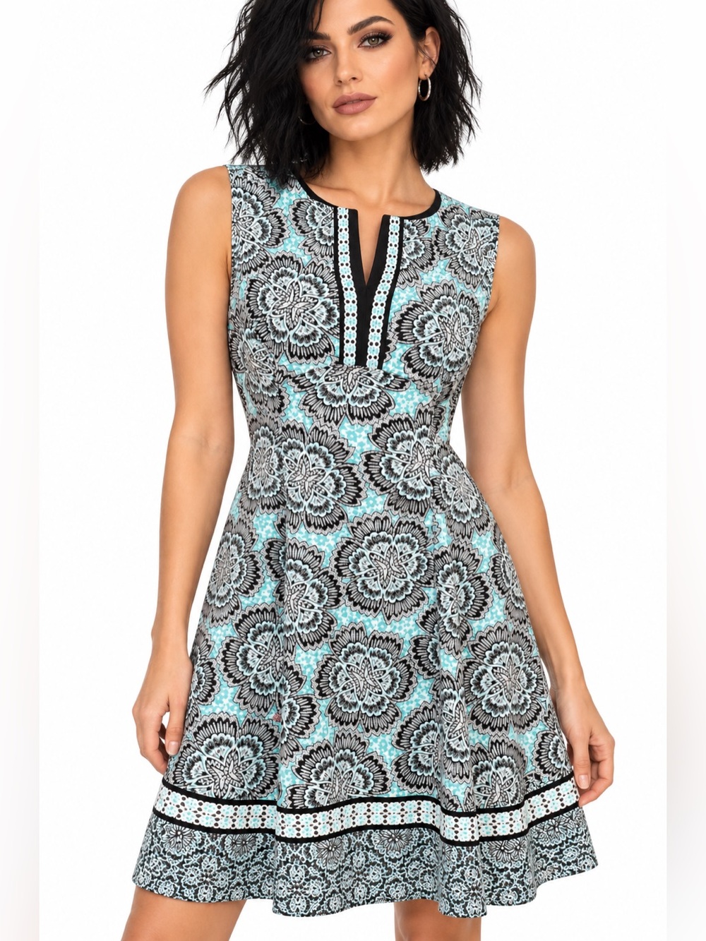 Maggy London Aqua and Black Floral Lace-Print Midi Dress size 8